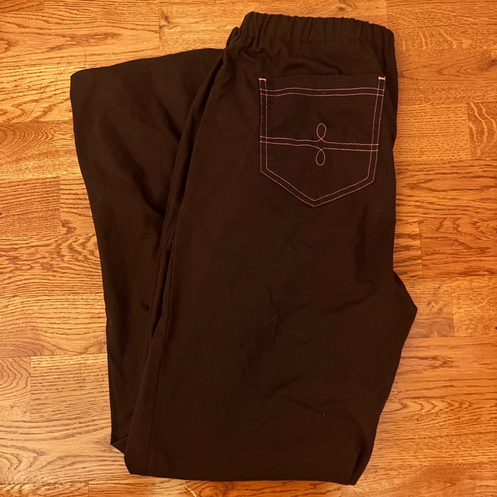 vintage brown katherine heigal pants with pink embroidery